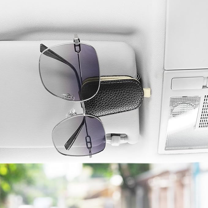 SINGARO Sunglasses Holder for Car, Leather Magnetic Buckle Sun Visor Sunglass Clip, Ticket Card Storage Glasses Clip, Car Interior Accessories for Men and Women（Black-Beige）
