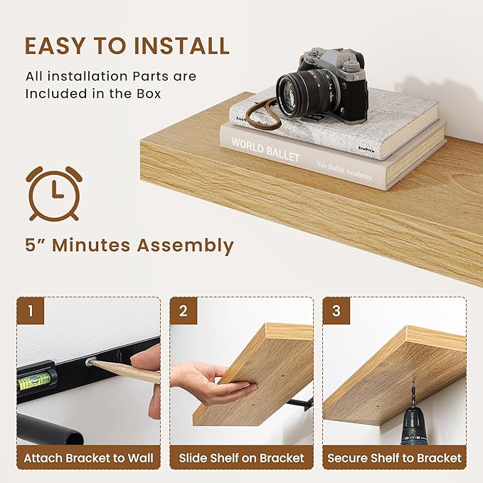 fuqing Floating Shelves for Wall, Wall Mounted Wood Floating Shelf with Invisible Brackets for Living Room, Bathroom, Bedroom, Kitchen Storage and Decor,6.5 Inch Set of 3, Oak