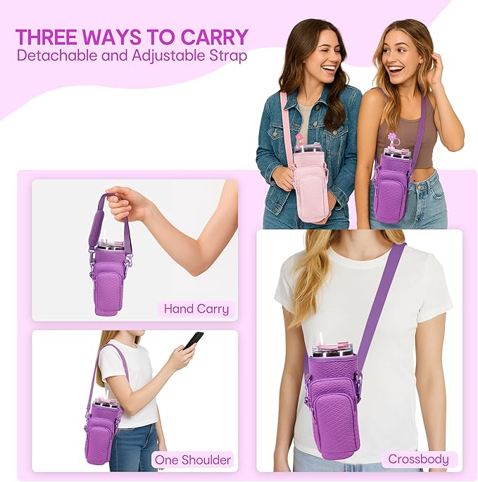 &And Per Se Water Bottle Shoulder Bag for Women, Neoprene Carrier with Phone Pocket & Purple Charm, Adjustable Crossbody Strap Fits Stanley 40oz Tumblers, Gift for Her (Purple)
