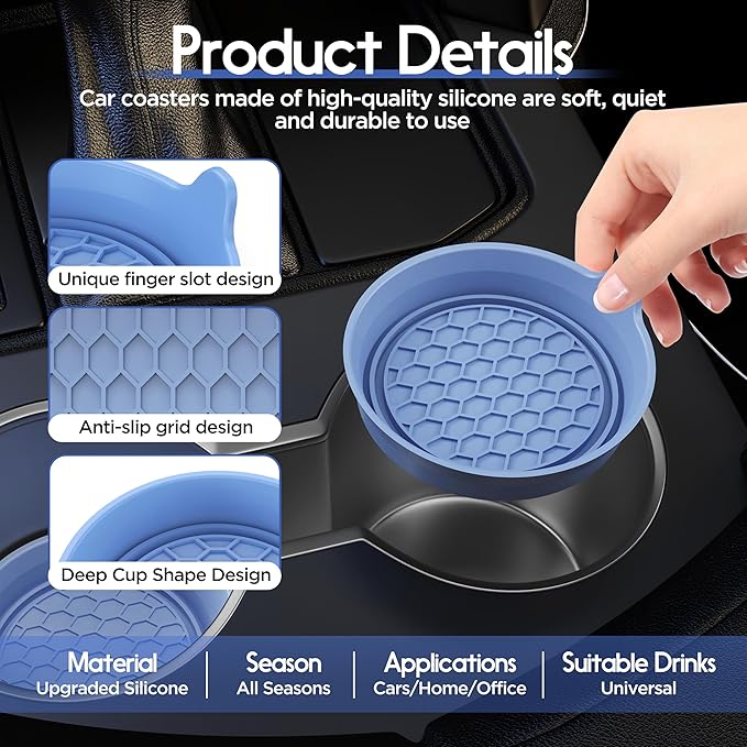 Amooca Car Cup Coaster Universal Automotive Waterproof Non-Slip Cup Holders Sift-Proof Spill Holder Car Interior Accessories 4 Pack Gray Blue