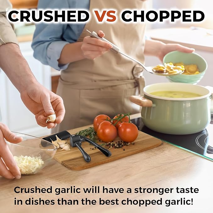 Zulay Kitchen Large Premium Garlic Press Set - Bigger Bowl for Bigger Garlic - Rust Proof & Dishwasher Safe Garlic Mincer Tool - Easy-Squeeze, Easy-Clean Silicone Garlic Peeler & Brush (Dark Gray)