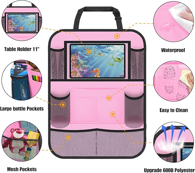 Car Backseat Organizer with 11" Tablet Holder, 10 Storage Pockets, Seat Back Protectors, Kick Mats for Kids & Toddlers, Travel Accessories, 2 Pack, Pink