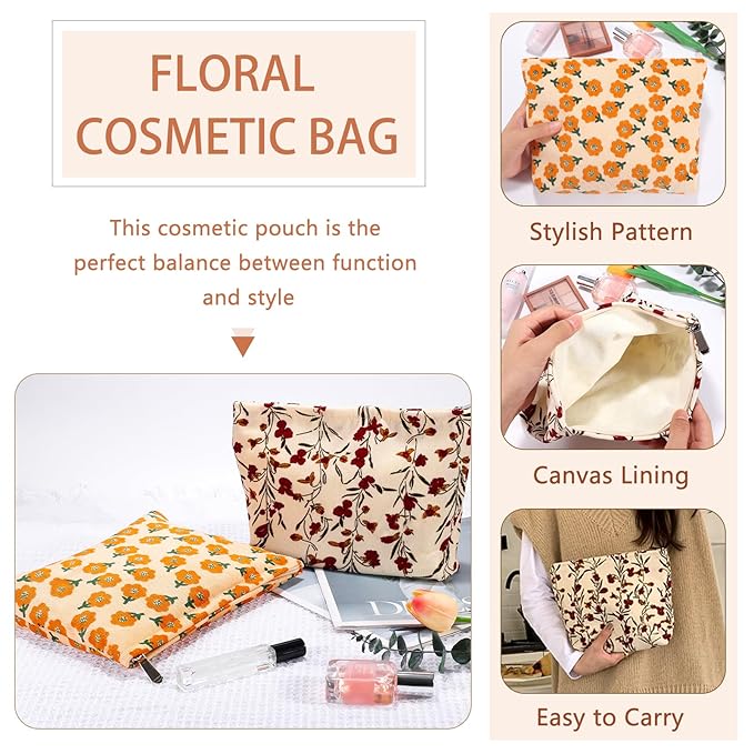 ZLFSRQ 2Pcs Daisy Flower Makeup Bag Travel Cute Cosmetic Bags for Women Large Floral Toiletry Pouch Zipper Cosmetic Pouch Set for Purse Aesthetic Corduroy Makeup Organizer Bag Portable Toiletry Bags
