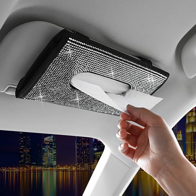 ChuLian Bling Bling Car Visor Tissue Holder Leather Crystals Paper Towel Cover Case & Glitter Sunglasses Clip for Women Black Diamond