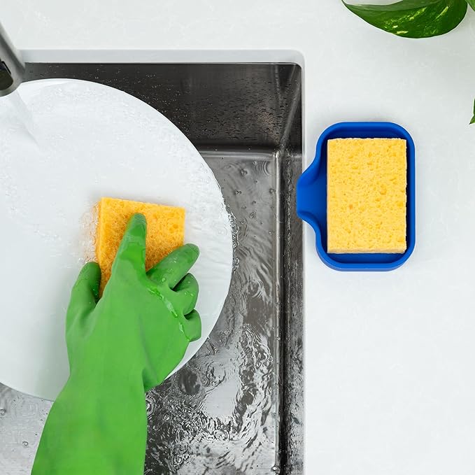 Zulay Kitchen Small Silicone Sponge Holder (4.9x3.3”) – Space-Saving Sink Organizer Tray for Sponge, Soap, Brush & More – Compact Non-Slip Dish for Kitchen & Bathroom (Turkish Sea)