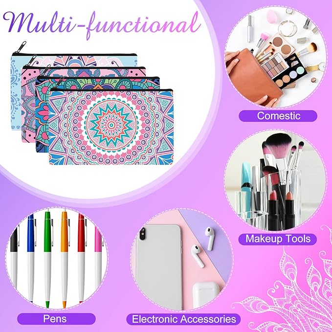 Reginary 20 Pcs Mandala Cosmetic Bag Bulk for Women Mandala Makeup Bag Gifts Roomy Makeup Bags with Zipper Toiletry Bags Pouch Travel Accessory Organizer Christmas Small Gifts, 7 x 4.3 Inches