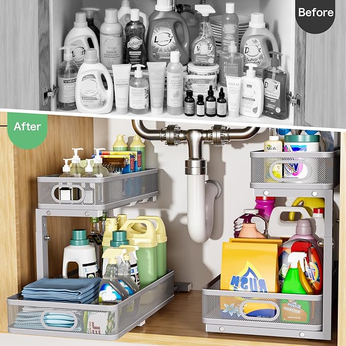 Under Sink Organizer, Highly Adjustable 2-Tier Under Sink Organizers and Storage, Slide-Out Metal Cabinet Organizers, Pull-Out Sink Storage Drawer Shelf for Kitchen Bathroom Cabinet, Grey, 2 Pack