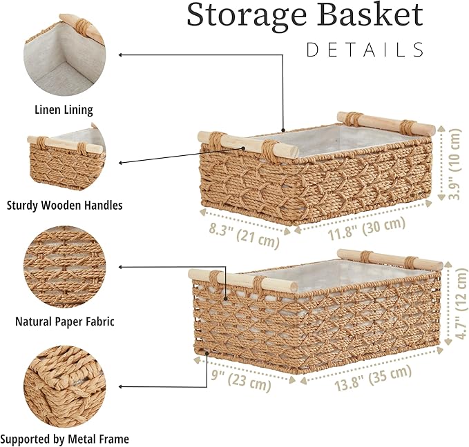 DECOMOMO Wicker Storage Basket, Back of Toilet Basket, Bathroom Organizer, Toilet Tank Tray, Countertop, Home Decor (Beige, Set of 2)