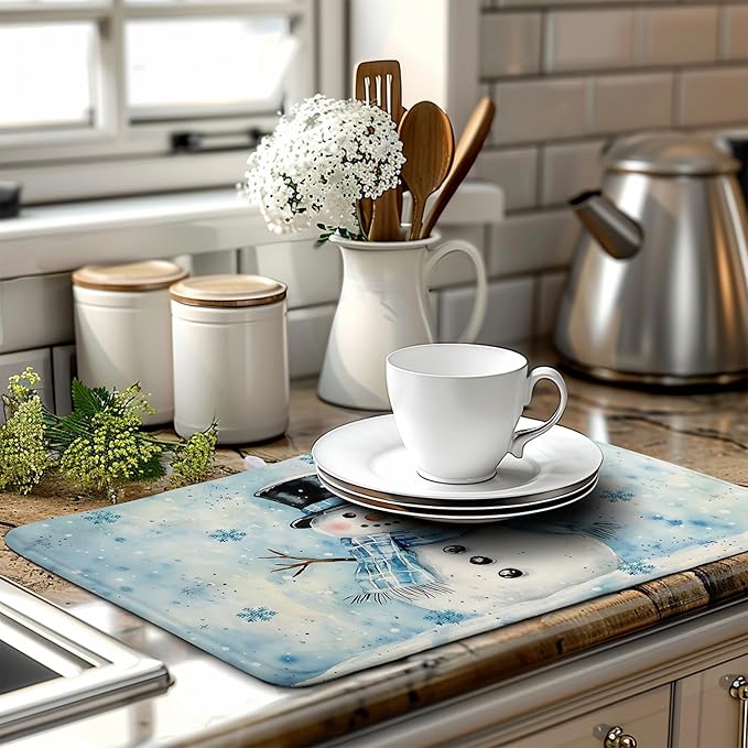 Snowman Super Absorbent Dish Drying Mat, 18x24 Inch, Winter Blue Snowflake Dish Drainer Rack, Large, Microfiber Dry Mat, Christmas Kitchen Accessory