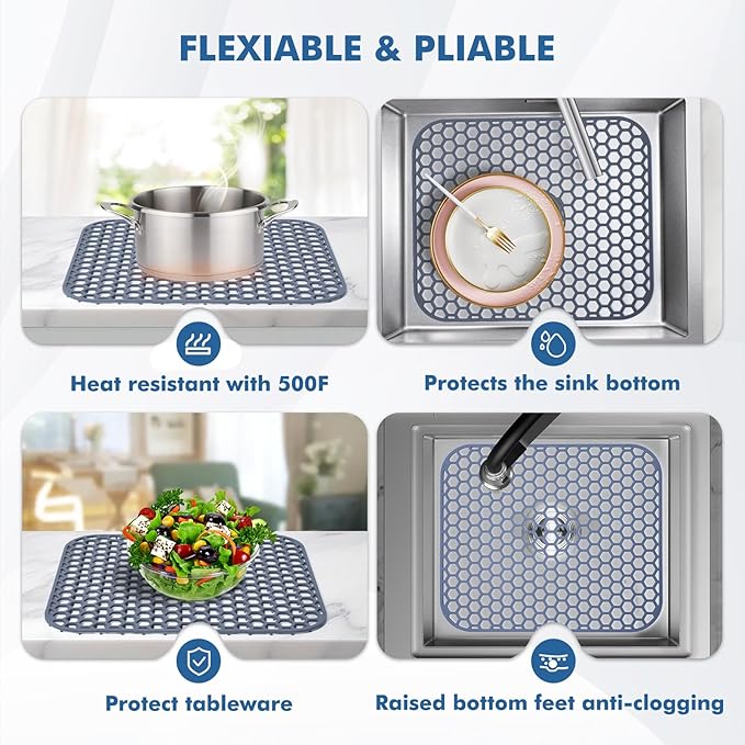 2 Pack 13.7"x 11.7" Silicone Kitchen Sink Protector Mat - Kitchen Grid Accessory, Non-Slip Heat Resistant Sink Grid Dry Mat for Bottom of Porcelain Stainless Steel, Dishwasher Safe