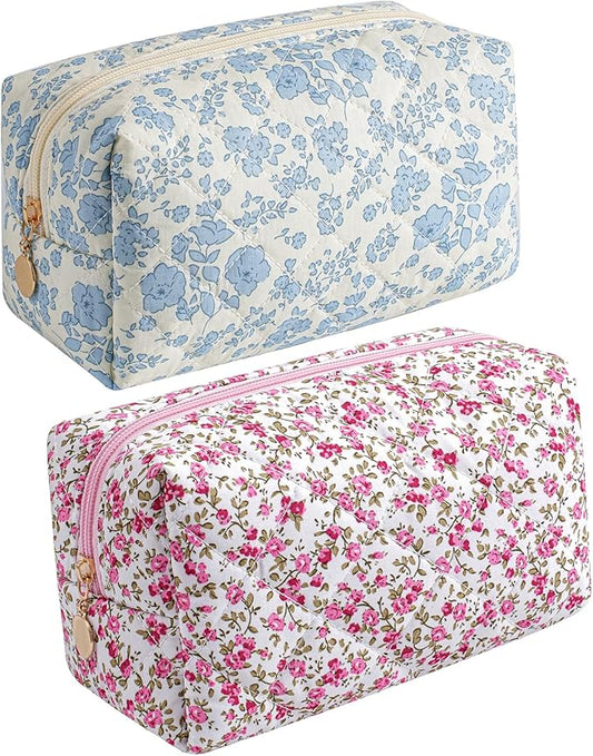 HHQQWZ Makeup Bag Travel Cosmetic Bag for Women Girls, Zipper Make Up Pouch, Floral Flowers Toiletry Organizer Makeup, Portable Storage Cosmetic Travel Cloth Bag (Blue Floral+Flower-Red)