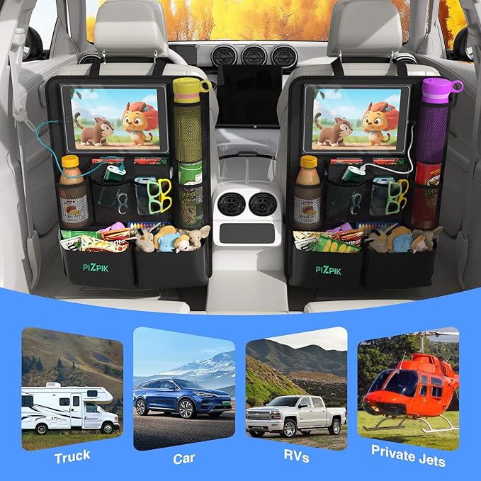 Car Backseat Organizer with Tablet Holder, 11 Storage Pockets with Foldable Food Tray, Protector Kick Mats for Kids, Travel Accessories Organizer (Black, 2-Pack)