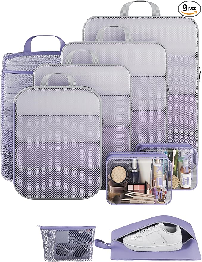Veken 9/11 Set Compression Packing Cubes for Travel Essentials,Compressible Expandable Large Luggage Suitcase Organizer Bags for Clothing,Durable Space Saver Storage Bags(Purple Gray)