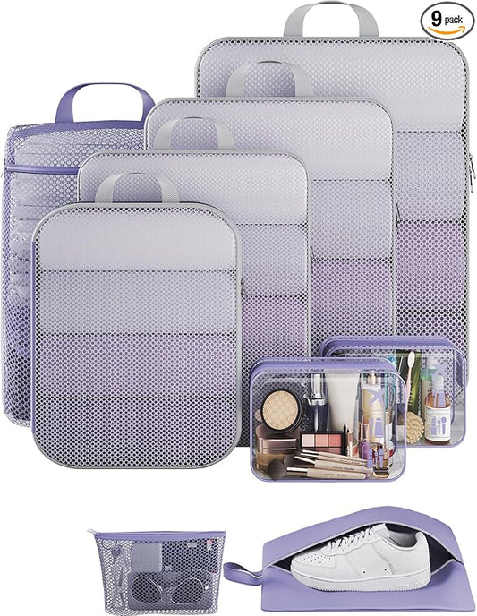 Veken 9/11 Set Compression Packing Cubes for Travel Essentials,Compressible Expandable Large Luggage Suitcase Organizer Bags for Clothing,Durable Space Saver Storage Bags(Purple Gray)