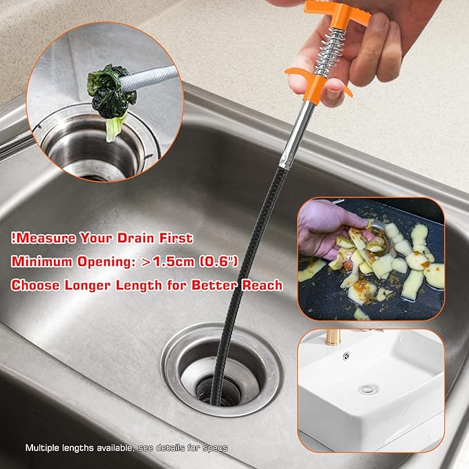 New Upgrade 63 inch Drain Snake Hair Drain Clog Remover Tool - Sink Drain Cleaner for Toilet Sewer Shower Kitchen Bathroom Tub Clogged Drains Opener Cleaning Tool, Flexible Grabber Claw Pick Up Tool