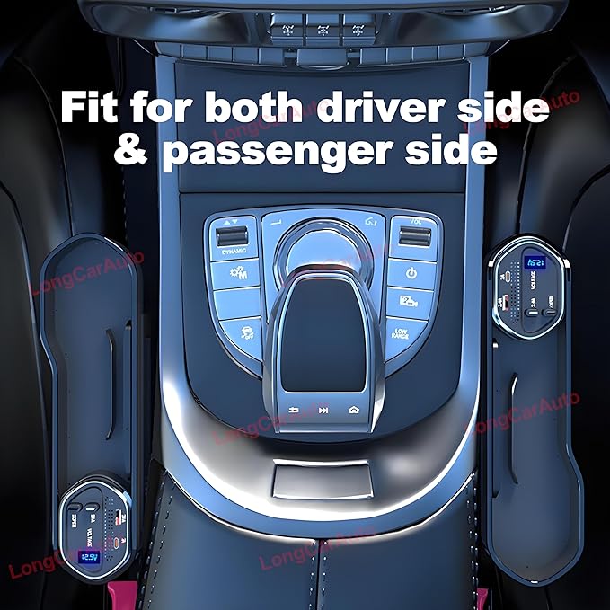 5 in 1 Car Seat Gap Filler Organizer with Wireless Charger and Cigarette Lighter, 2 Charging Cables, Retractable Charging Cords iOS Type-C USB Port Fast Charge Storage Box Cup Holder