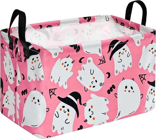 KUNRO Pink Ghost Pattern Storage Basket Gift Shelf Basket Storage Bin, Nursery Basket Organizer Box for With Handles for Room Deco