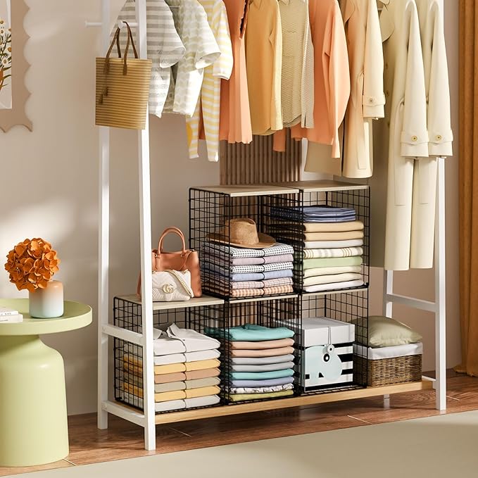 Taller Closet Organizers and Storage with Wood Top, Set of 3 Stackable Wire Storage Bins for Clothes, Bags, Towels, Double Storage Design, Sturdy Metal Cube Shelf Organizer for Closet Wardrobe, Black