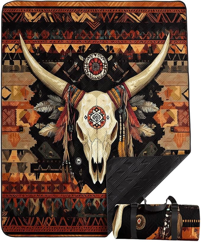 Outdoor Picnic Blanket Portable Ultrasonic Waterproof Picnic Bull Skull Printed Camping Beach Mat for Sand and Wet Grass Hiking (Bull Skull L