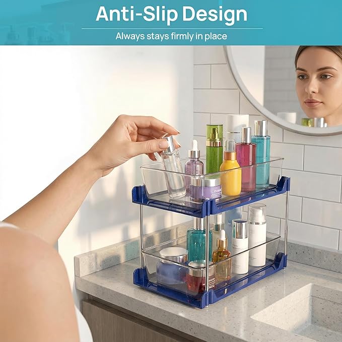 2 Pack 2 Tire Under Sink Organizer, Bathroom Organizers and Storage,Cabinet Drawers Bins, Pull-Out Organization with Track for Pantry, Kitchen,Fridge,Vanity Countertop (blue