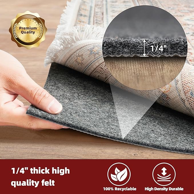 BAGAIL Felt and Natural Rubber Backing Rug Pads 1/4” Thick, 3 x 5 Ft Non Slip Carpet Gripper Keep Rugs in Place, Under Area Rug Protective Cushioned Pads, Carpet Runners, Hardwood Floors Protection
