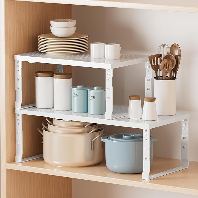 Metal Stackable Expandable Storage Shelf - Multi-Functional Home Storage Shelf, Suitable for Kitchen, Cabinet, Bathroom, Office, Garage, etc. (2 PACKS/White/Large)