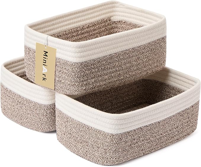 MiniArk Small Storage Baskets for Organizing | Closet Organizer Bins | Shelf Toy Basket | Woven Rope Baskets | Cube Decorative Box | Shallow Basket | 11.5x7.5x4.7” | 3 Packs White Brown
