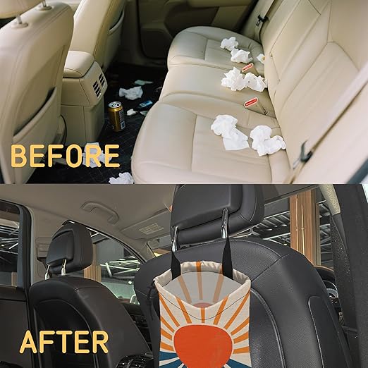 Vintage Sunburst Car Garbage Bag, Small Car Trash Bag Hanging Back of Seat,Drawstring Car Trash Bag with Adjustable Buckle,Car Accessories for Camping Travelling