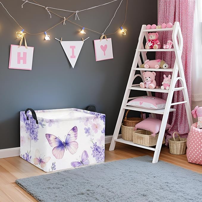 Rectangular Kids Storage Basket Baby Storage Basket with Handles for Home Kitchen Boys and Girls Cute Toy Storage Bin Organizer Shelf Book Room Decor(Purple Butterfly)