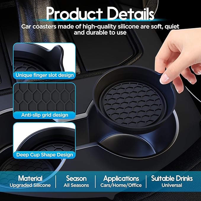 Amooca Car Cup Coaster Universal Automotive Waterproof Non-Slip Cup Holders Sift-Proof Spill Holder Car Interior Accessories 4 Pack Black