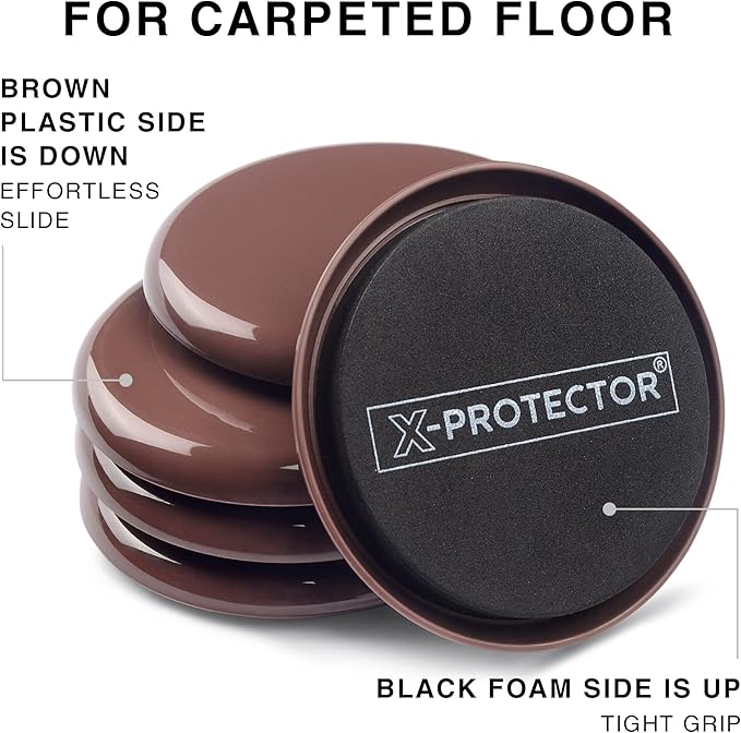 Furniture Sliders X-PROTECTOR - 4+4 Pack 5” - Multi-Surface Furniture Sliders for Carpet & Hard Floors - 4 Furniture Movers for Carpeted Floors and 4 Hardwood Socks - Move Your Furniture Easily!