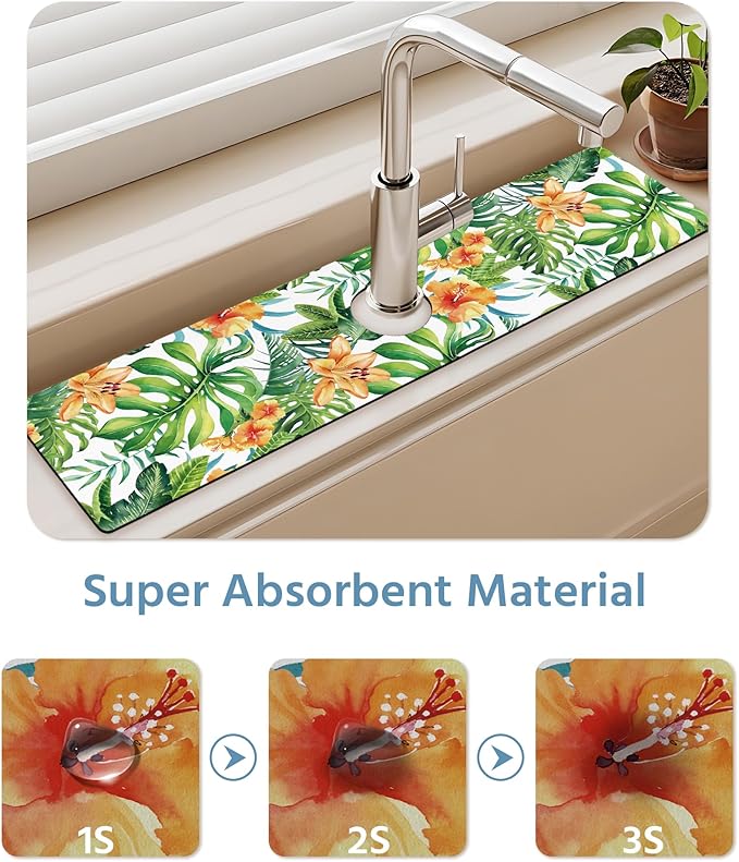 Patterned Sink Faucet Mat Kitchen Splash Guard Super Absorbent Drying Mat, Non-Slip Drain Pad for Kitchen Counter or Bathroom-15x5.5in