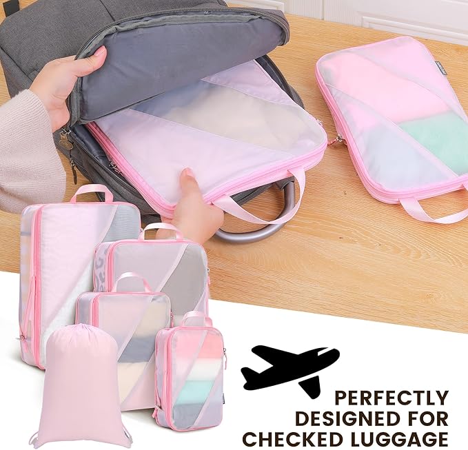 PFEYRPK Lightweight Compression Packing Cubes for Suitcases, Compressible Expandable Travel Packing Organizer with Clear Toiletries and Backpack Bag, Travel Essentials for Carry on Luggage 7 Set