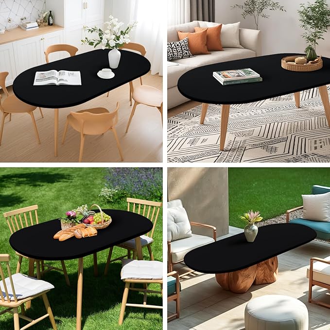 NEWISHER Fitted Oval Tablecloth 42 x 60 Inch Elastic Table Cloth, Stretch Spandex Table Cover Black Washable Polyester Top Cap Cover for Dining Picnic Camping Indoor and Outdoor