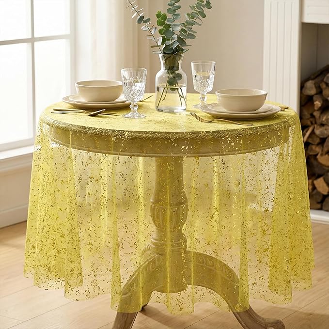 Horaldaily Yellow Gauze Tablecloth 60x60 Inch Round, Golden Sequin Glitter Metallic Foil, Sheer Tulle Cheesecloth for Wedding Baby Shower Ceremony Birthday