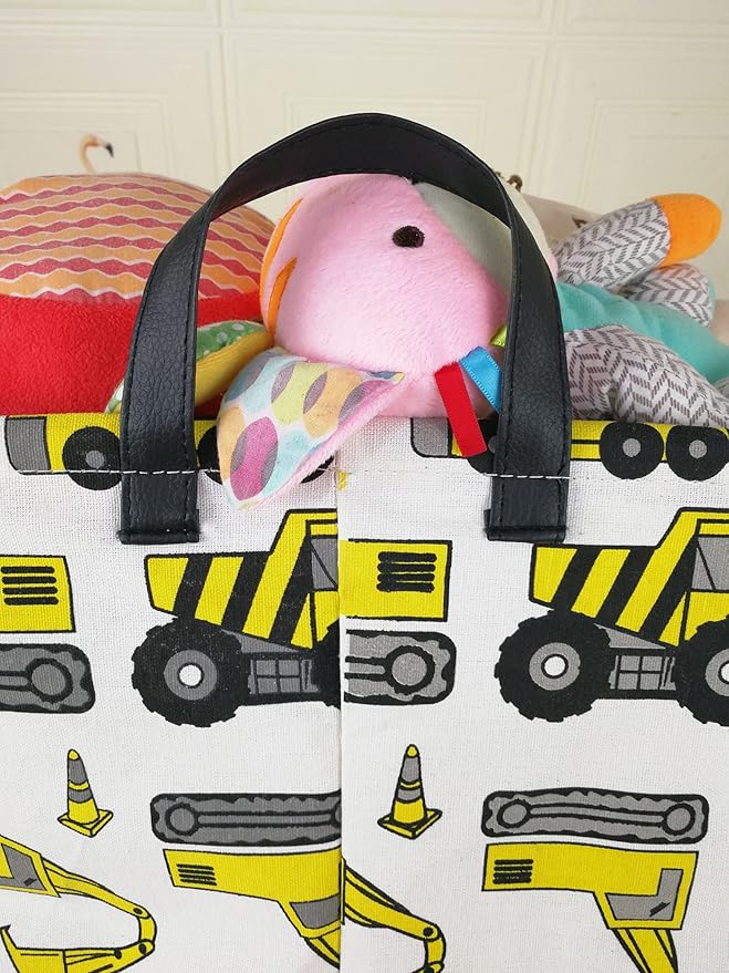 KUNRO Square Storage Basket Gift Shelf Basket Storage Bin, Nursery Basket Organizer Box for With Handles for Room Deco (Excavator)