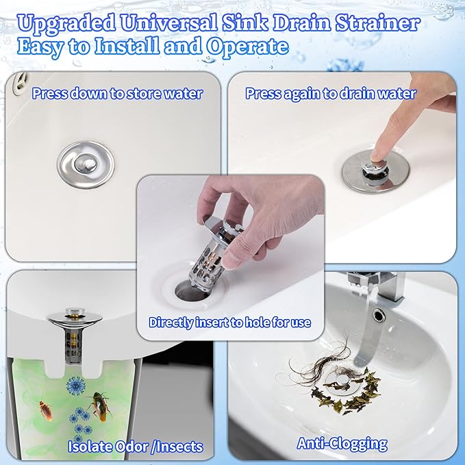 Pop up Bathroom Sink Drain Strainer,Universal Sink Stopper Bathroom Drain with Filter Basket,Bathroom Sink Stopper Hair Catcher for 1.06"~1.61" Drain Hole 2 PCS(Silver Chrome)