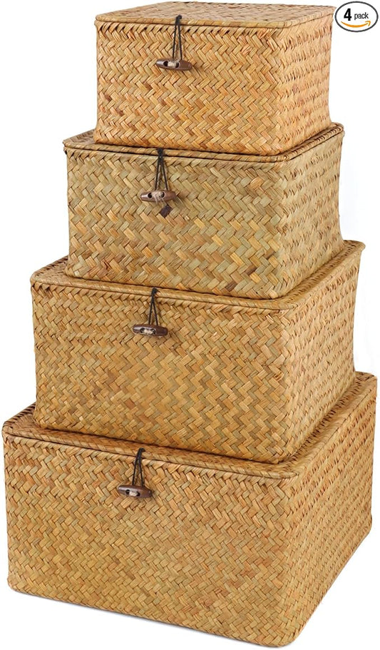 Wicker Shelf Baskets with Lid, Handwoven Seagrass Storage Basket Bins Square Gift Boxes for Shelves Home Decor Organizer (Natural, Set of 4)