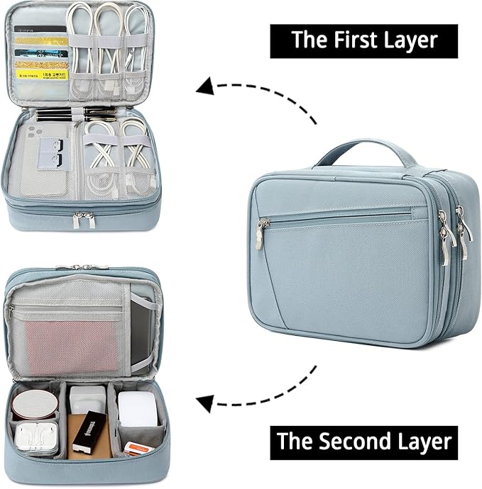 mygreen Electronics Travel Organizer, Waterproof Electronic Accessories Case Portable Double Layer Cable Storage Bag for Cord, Charger, Flash Drive, Phone, iPad Mini, SD Card, Gifts for Him, Grey Blue