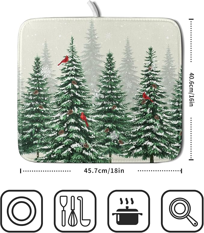 Winter Green Pine Tree Dish Drying Mat for Kitchen Counter,Red Bird Snowflake Drying Mat 16 x 18 Inch with High Absorbent Microfiber Drainer Mat for Coffee Bar