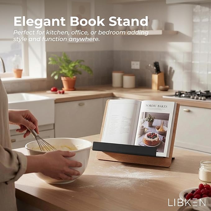 Wooden Book Stand for Reading & Kitchen – Adjustable Cookbook Holder Stand – Rubberwood & Metal Recipe Book Holder – Tablet & Smartphone Stand – Minimal Scandinavian Design - Black