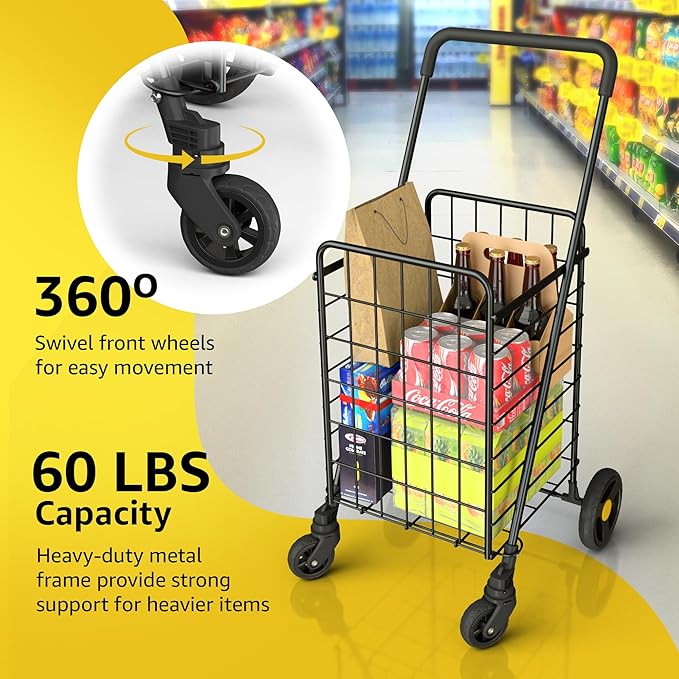 Our Modern Space Shopping Cart & 360° Swivel Wheels | Foldable Collapsible & Lightweight | Perfect for Groceries Laundry Utility Cart - Black
