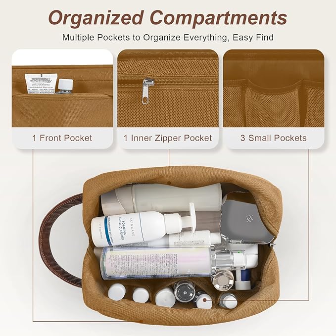 Travel Toiletry Bag for Men, Hanging Toiletry Organizer, Water Resistant Shaving Kit with Large Capacity for Travel Accessories (Brown, Medium)