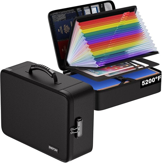 ENGPOW 5200℉ Soft Case Fireproof Document Box with Lock,Fireproof Box with 25 Colorful Pocket Accordion File Folder,Fireproof Water Resistant Safe File Organizer Storage for Important Documents
