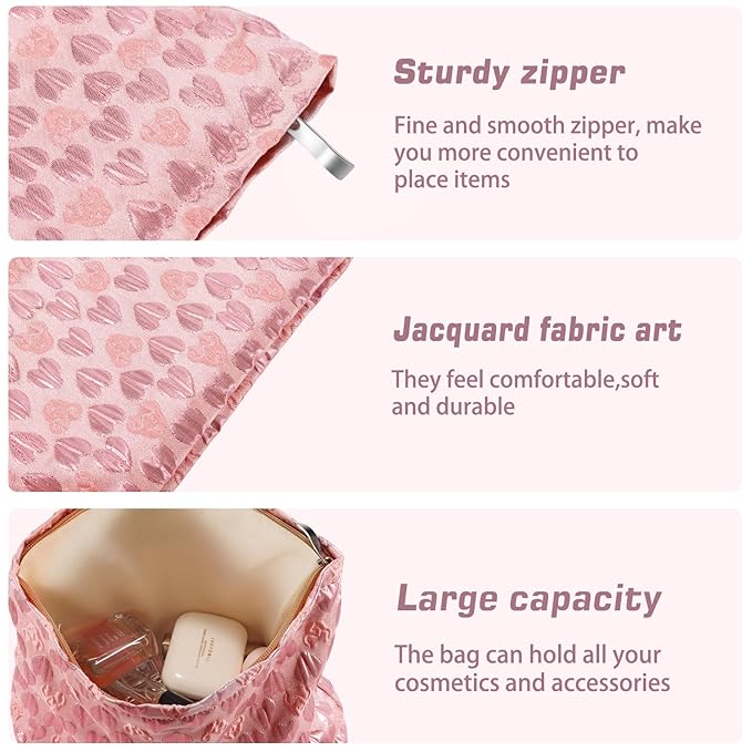 ZLFSRQ Heart Makeup Bag Travel Cute Cosmetic Bags for Women Large Toiletry Pouch Zipper Cosmetic Pouch for Purse Aesthetic Embroidery Makeup Organizer Bag Portable Toiletry Bags(Pink)