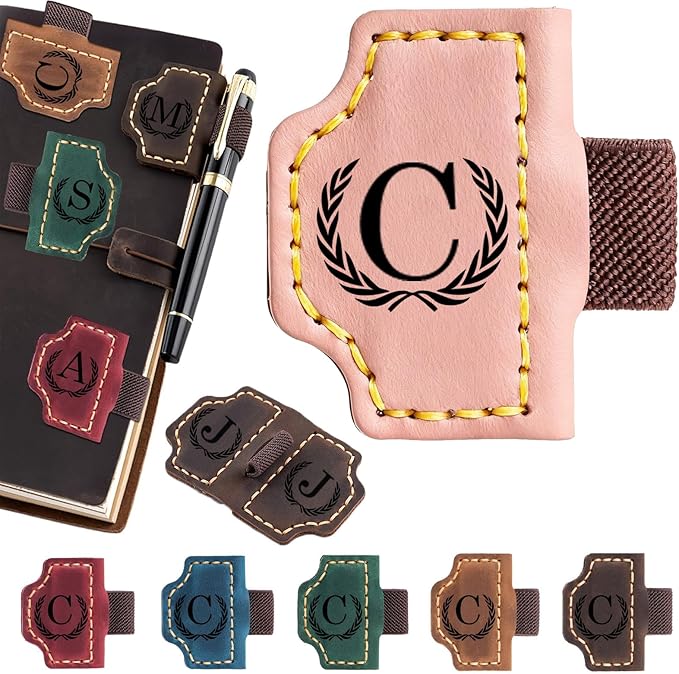 Artlaza Personalized Magnetic Leather Bookmark with Pen Holder - 26 Letters Custom Book Mark with Name Initial Engraved Book Marker for Readers, Book Lovers, Travelers - Gift for Women & Men(Pink，C