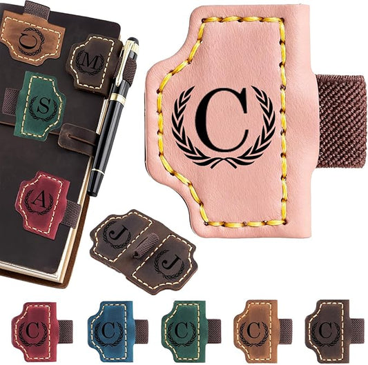 Artlaza Personalized Magnetic Leather Bookmark with Pen Holder - 26 Letters Custom Book Mark with Name Initial Engraved Book Marker for Readers, Book Lovers, Travelers - Gift for Women & Men(Pink，C