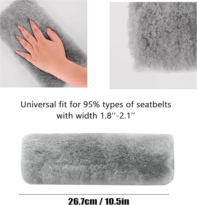 Amooca Authentic Sheepskin Seatbelt Cover Real Wool Car Truck SUV Airplane Seat Belt Shoulder Pad for Camera Backpack Straps Neck Cushion Protector 2 Pack Light Grey