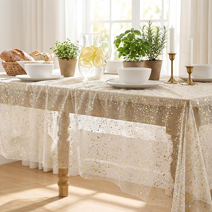 Horaldaily Apricot Gauze Tablecloth 60x104 Inch Rectangular, Golden Sequin Glitter Metallic Foil, Sheer Tulle Cheesecloth for Wedding Baby Shower Ceremony Birthday