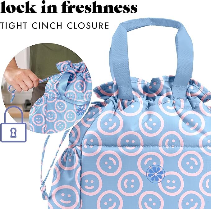 Fit & Fresh Cromwell Drawstring Lunch Bag for Women, Complete Lunch Set with 2 Containers, Stain-Resistant, Leak-Resistant, Back to School Essential, Teacher Lunchbox, All Smiles Bubble Gum